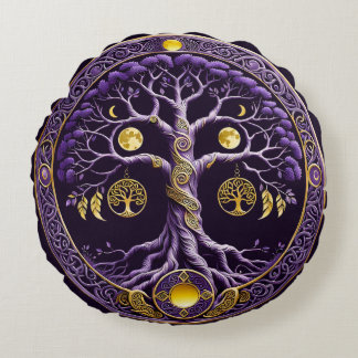 Almofada Redonda Purple and Gold Tree of Life Mandala
