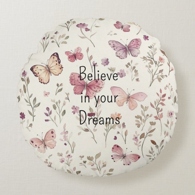 Almofada Redonda Purple Cream Butterflies Floral Believe Dreams (Frente)