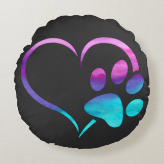 Almofada Redonda Purple Cyan Dog paw Print Heart 