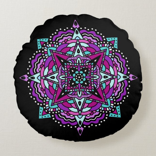 Almofada Redonda Purple e Teal Mandala (Frente)