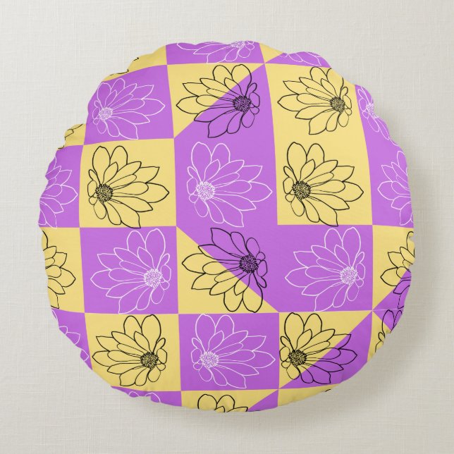 Almofada Redonda Purple gold Flower seamless Checkerboard pattern (Frente)
