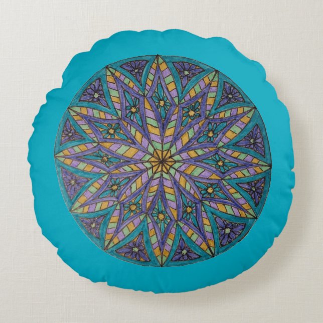Almofada Redonda Purple/Teal Starburst Mandala Round Throw Pillow (Frente)