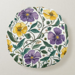 Almofada Redonda Purple Yellow Flowers Pattern, Modern,Elegant