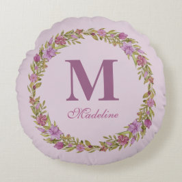 Almofada Redonda Púrpura Floral Wreath Monogramas Nursery