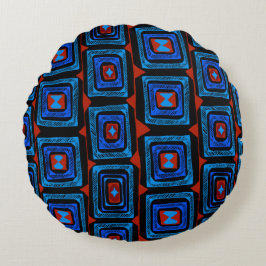 Almofada Redonda Quadrados Aborígines - Azul Turquesa Vermelho