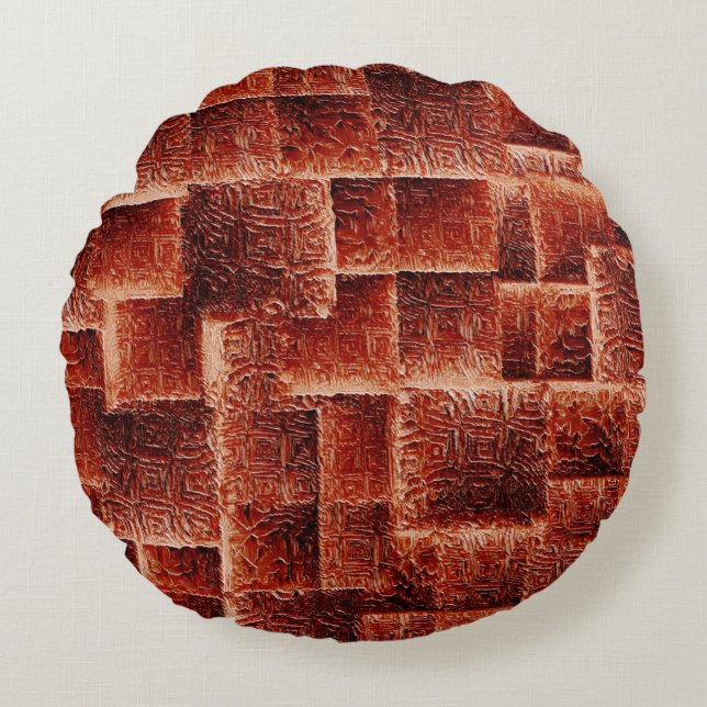 Almofada Redonda Quadrados com textura de parede vermelha escura e  (Frente)