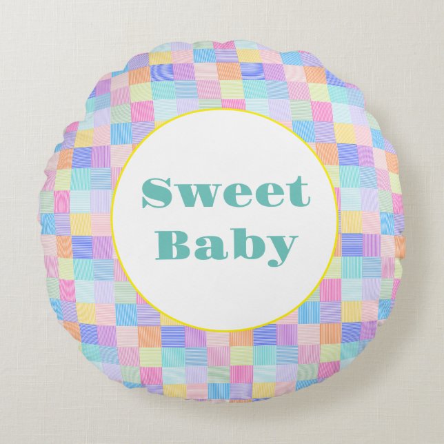 Almofada Redonda Quadrados de linha doce (Frente)