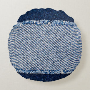 Almofada Redonda Quadro de jeans azuis com borda denim.