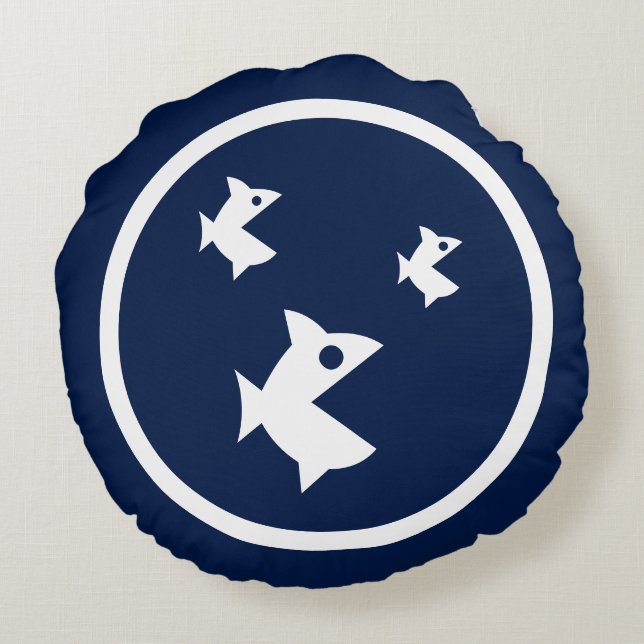 Almofada Redonda quase Marinho de peixe azul náutico (Verso)