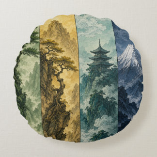 Almofada Redonda Quatro Estações Montanha | Paisagem de Tinta Japon