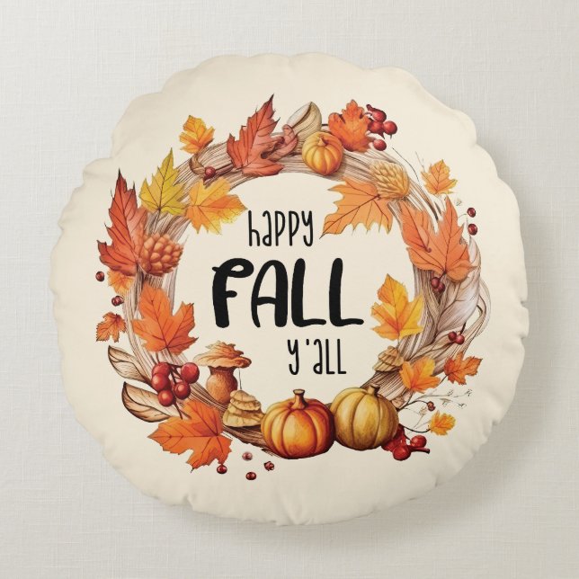 Almofada Redonda Queda Feliz - Pumpkin e Autumn Leaves Wreath (Frente)