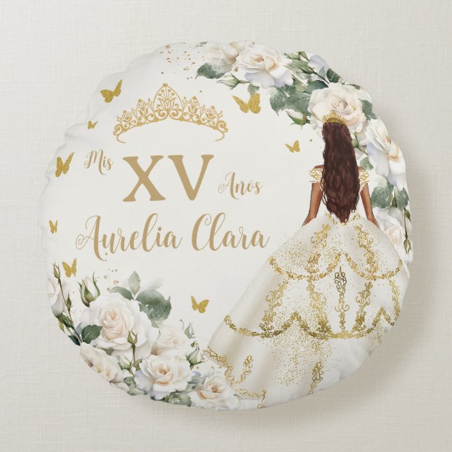 Almofada Redonda Quinceañera Ivory White Floral Dress Princesa Dour (Frente)