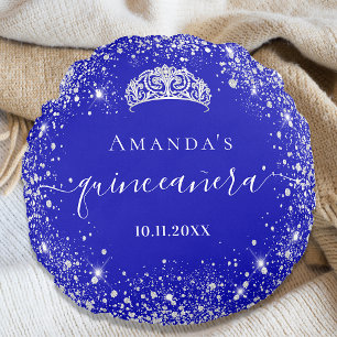 Almofada Redonda Quinceanera nome da tiara azul real da cinta prate