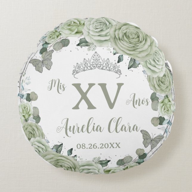 Almofada Redonda Quinceañera Sage Borboletas Verdes (Frente)