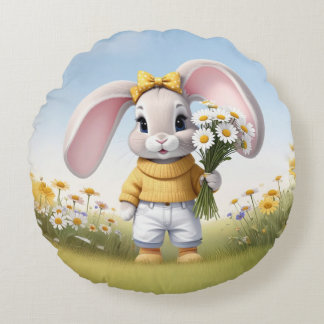 Almofada Redonda Rabbit holding bouquet of white daisies