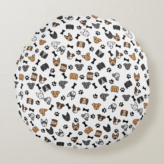 Almofada Redonda Raças de Cachorros Bonitos Divertidos com Ossos e  (Frente)