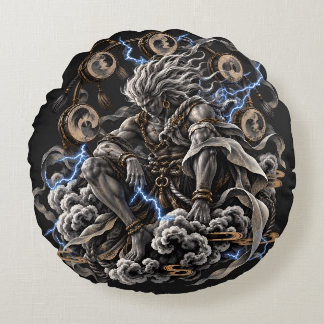 Almofada Redonda Raijin Azul (Frente)