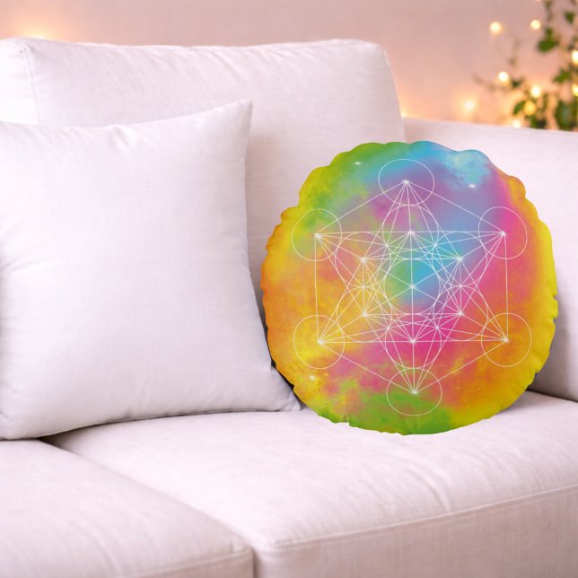 Almofada Redonda Rainbow Energy – Metatron’s Cube Sacred Geometry (Criador carregado)