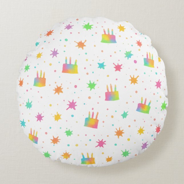 Almofada Redonda Rainbow Watercolor Birthday Cake Colorful Paint (Frente)