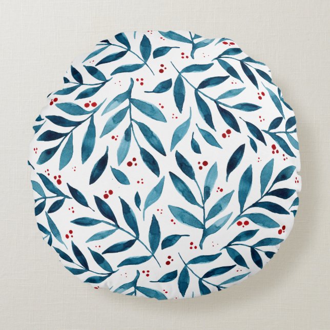 Almofada Redonda Ramais bonito de aquarelas - turquesa e vermelho (Frente)