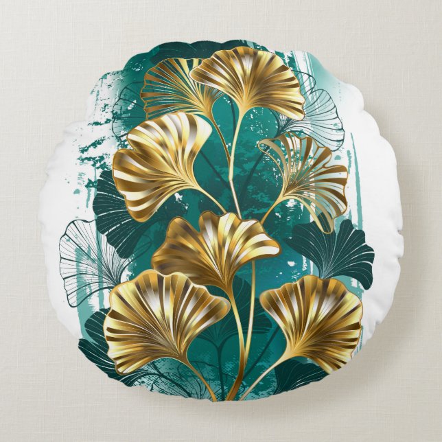 Almofada Redonda Ramificação com Ouro deixa Ginko Biloba (Frente)