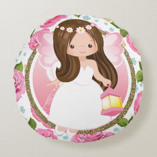 Almofada Redonda Raparigas Fadas Rosa com Travesseiro decorativo Ro (Frente)