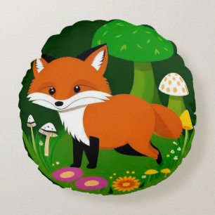 Almofada Redonda Raposa de desenho animado em uma floresta