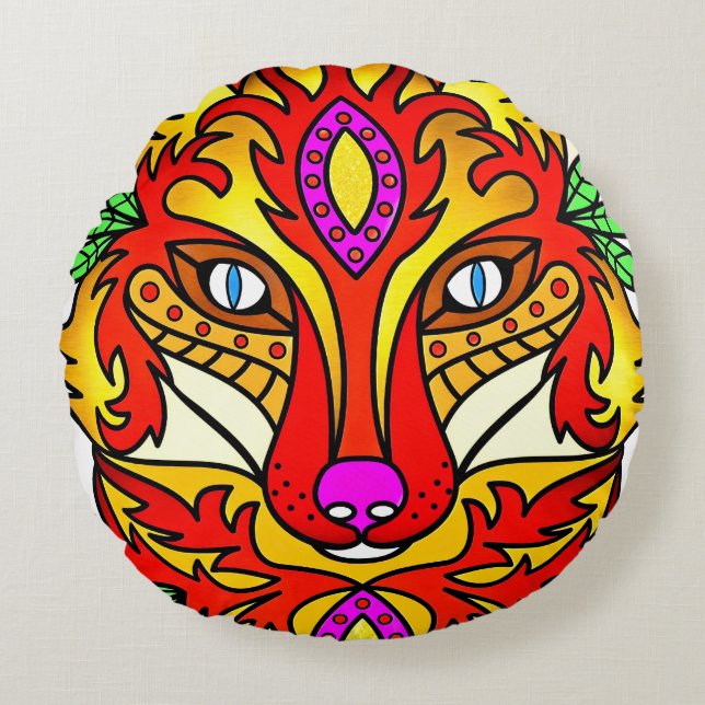 Almofada Redonda Raposa-do-boho-abstrato lobo-roxo (Frente)