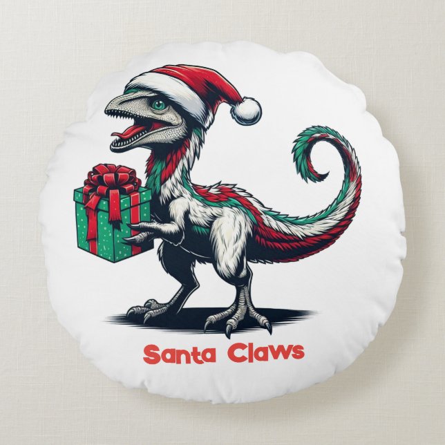 Almofada Redonda Raptor de chapéu de Natal (Frente)