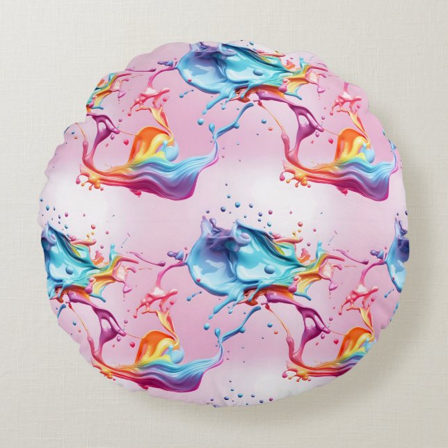Almofada Redonda Rascunho de Tinta do Arco-Íris (Frente)