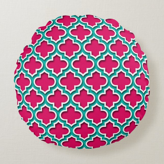 Almofada Redonda Raspberry Teal White Quatrefoil Marroquino #5DS (Frente)