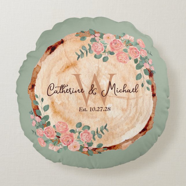 Almofada Redonda Rastreio Aquarela Fatia De Madeira Verde (Frente)