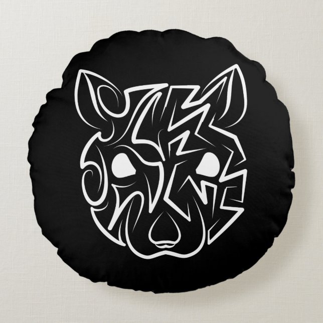Almofada Redonda Rato Tribal Negro e Branco (Frente)