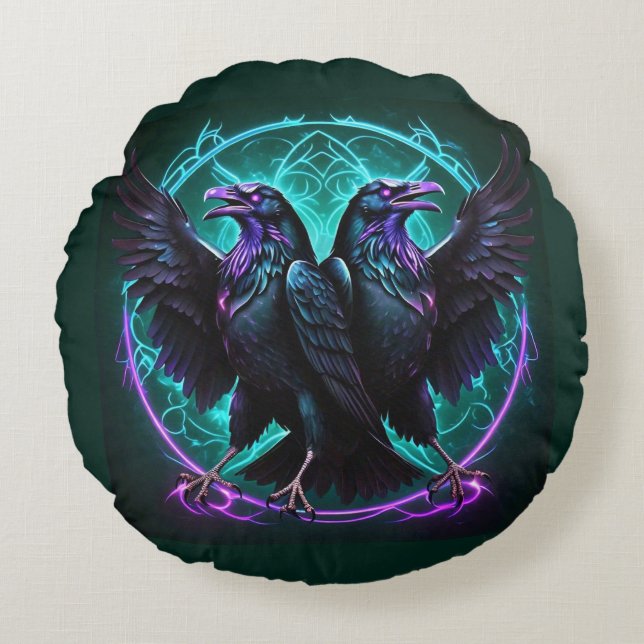 Almofada Redonda Ravens Místicos Verde Escuro (Frente)