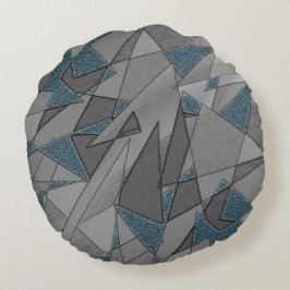 Almofada Redonda recortes triangulares de cinza com peças azuis esc