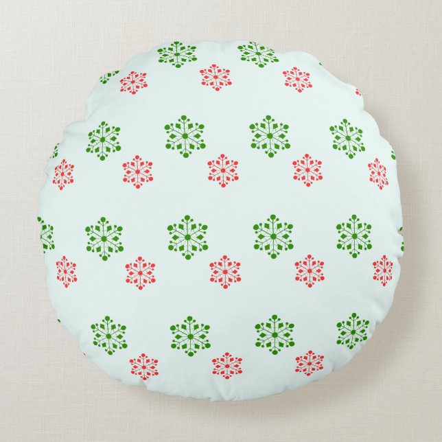 Almofada Redonda Red and Green Snowflake Pattern, Elegant Christmas (Frente)