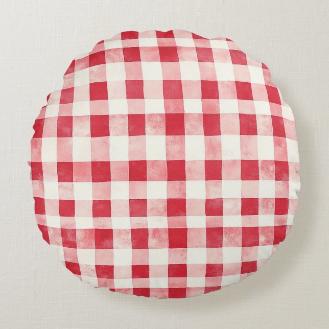 Almofada Redonda Red Cream Plaid Stripes Birthday (Frente)
