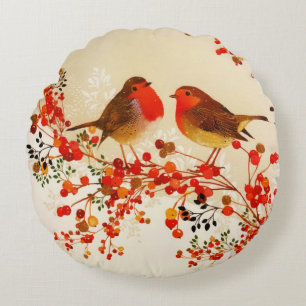 Almofada Redonda Red Dourado Winter Birds Holly Berry Branches