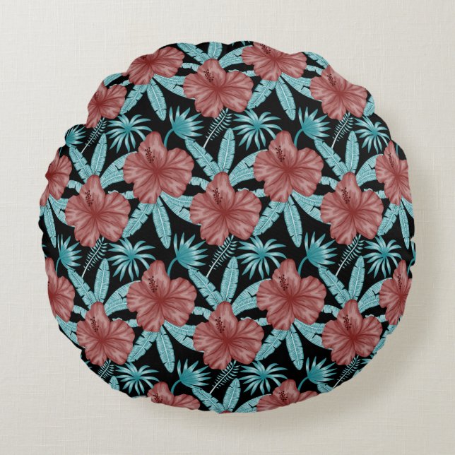 Almofada Redonda Red flowers tropical seamless pattern &blue leaves (Frente)