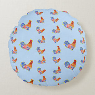 Almofada Redonda Red Funny Rooster Cockerel Pontos Azul e Branco