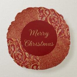 Almofada Redonda Red Gold Pixels and Flowers, Gold Merry Christmas