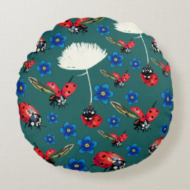 Almofada Redonda Red Ladybugs Flores azuis em Cushion