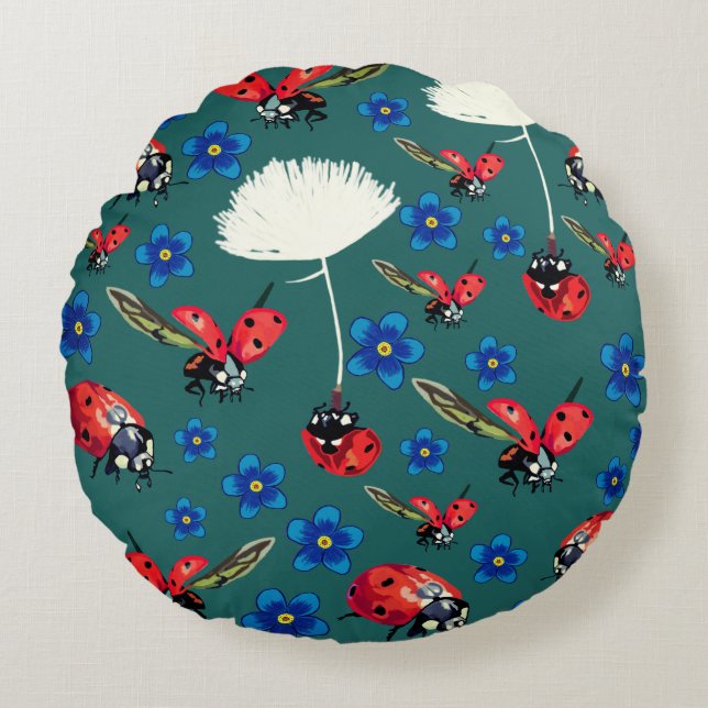 Almofada Redonda Red Ladybugs Flores azuis em Cushion (Frente)