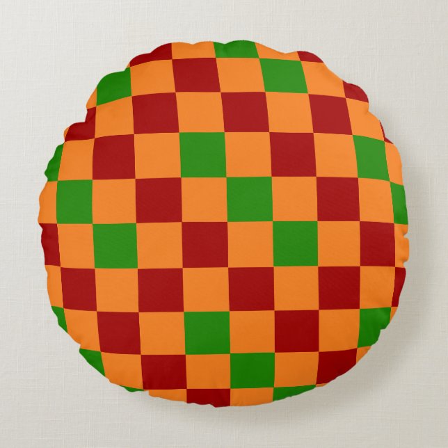 Almofada Redonda Red Orange Green Checkered Pattern Design  (Frente)