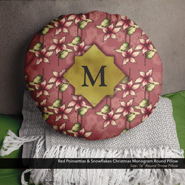 Almofada Redonda Red Poinsettias e Snowflakes Monograma de Natal (Christmas Throw Pillow with Red Poinsettias and Snowflakes, and a Gold Monogram - Size: 16" Round)