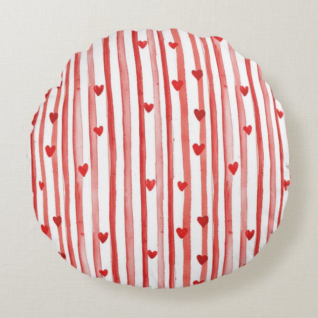 Almofada Redonda Red Stripes & Hearts (Frente)