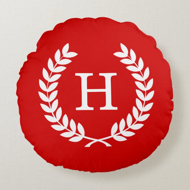 Almofada Redonda Red White Wheat Laurel Wreath Início Monograma (Frente)
