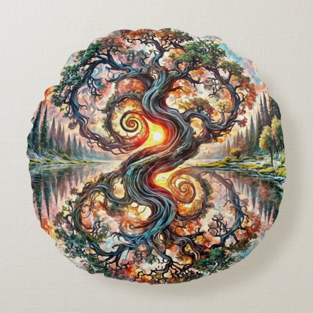 Almofada Redonda Reflexão do Serene Oak (Frente)