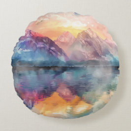 Almofada Redonda Reflexão Montanha: Travesseiro decorativo Arredond