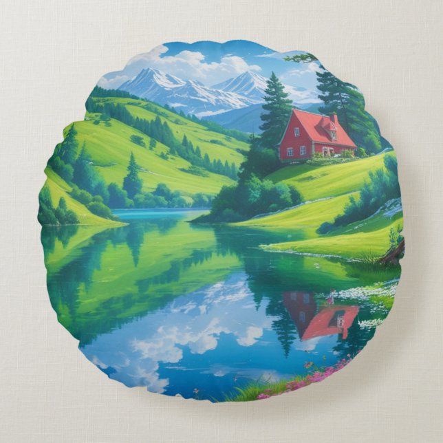 Almofada Redonda Reflexões Alpinas - Sonho do Campo (Frente)